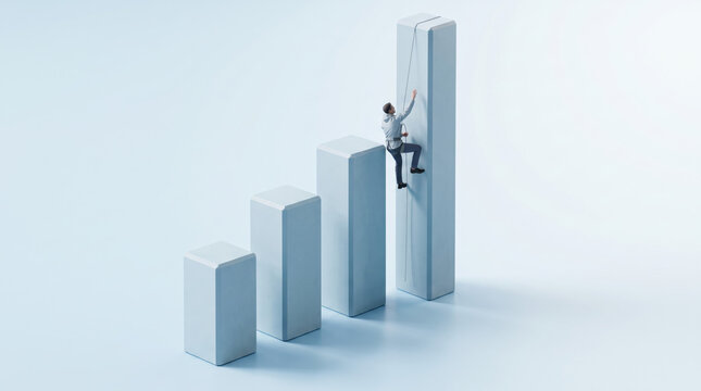 Conceptual business illustration featuring an executive climbing a ladder beside rising graph columns, symbolizing business growth, career development, leadership, success and financial progress