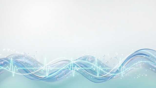 A clean healthcare wallpaper combining elegant medical waves and glowing heartbeat lines with soft digital lighting and generous copy space for professional medical branding.