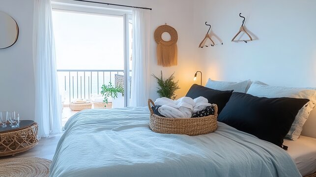 Minimalist bedroom with balcony view and decorative hangers