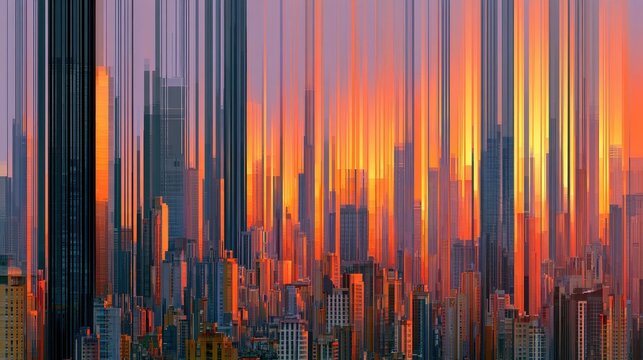 Abstract city skyline at sunset, stretched and pixelated with warm, vibrant colors