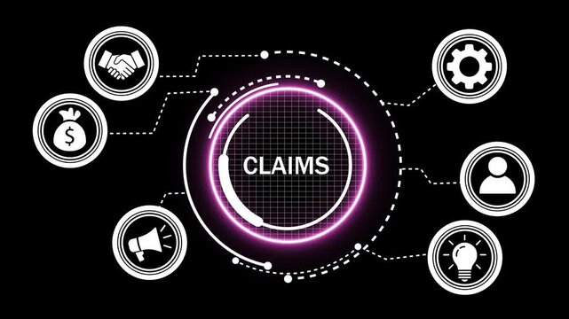 Digital claims management infographic motion featuring glowing neon circular interface with connected business for insurance processing, financial settlements, and corporate workflow analysis