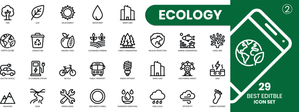 Ecology icon set. Ecofriendly icon, nature icons set on white background. Vector illustration. Ecology icon set 29 editable symbols for sustainable living and environmental conservation.