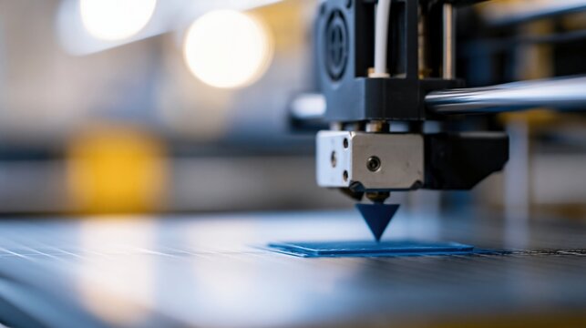 Close-up of a 3D printer head precisely creating a blue plastic object on a build plate, showcasing additive manufacturing technology.