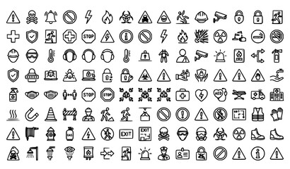 Fototapeta premium Modern Warning Line Art Icon Pack Featuring Alert Safety Notification and Caution Symbols