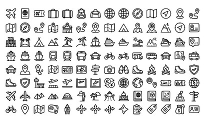 Fototapeta premium Simple Travel and Tourism Line Icons Set with Transportation Adventure Navigation and Vacation Symbols