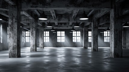 Obraz premium Dark, Industrial Warehouse Interior with Concrete Columns, Large Windows, and Overhead Lighting