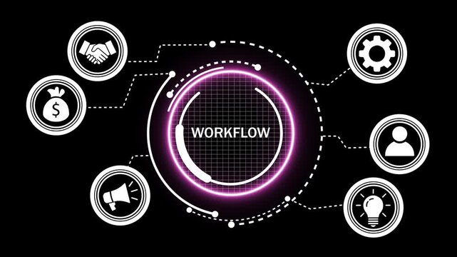 Dynamic digital workflow infographic animation featuring glowing neon interface and connected business for corporate strategy, project management, productivity, and modern tech systems