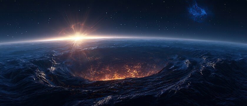 Fiery abyss in ocean under starry sky with bright sun
