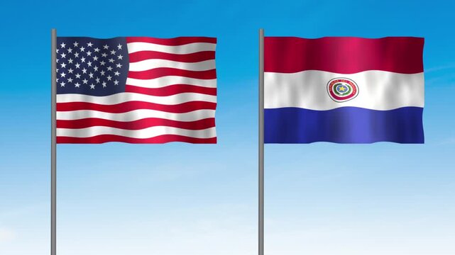 Flag of Paraguay and USA, Pole flag of Paraguay and USA on clear sky background. Paraguay and USA flag waving. 

