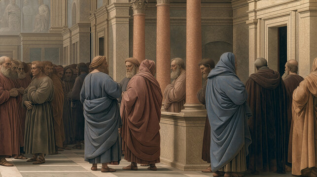 Early Renaissance fresco painting of grounded figures in a rational architectural space