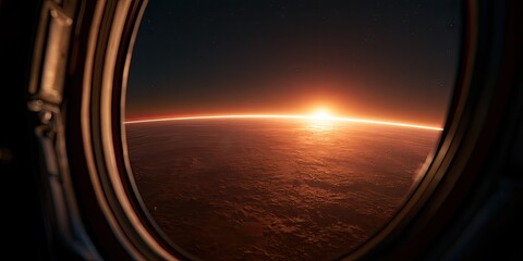 Fototapeta premium View through a spacecraft window shows a fiery sunrise illuminating a distant planet