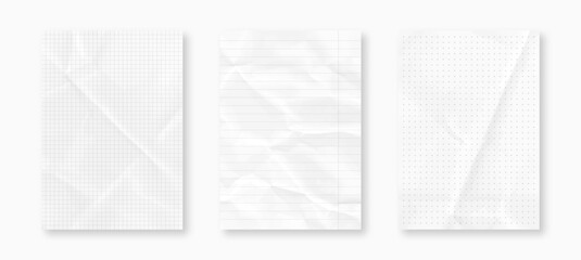 Set of crumpled A4 paper sheets. Graph, lined and dotted notebook paper with realistic texture. Blank notebook page template with lines and squares. Vector © Yevhenii