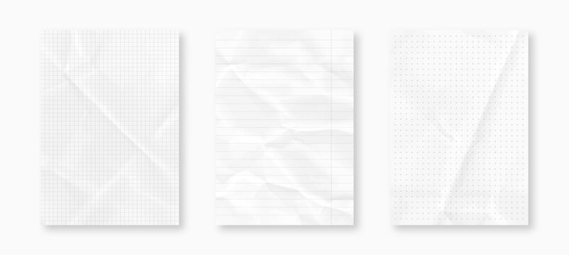 Set of crumpled A4 paper sheets. Graph, lined and dotted notebook paper with realistic texture. Blank notebook page template with lines and squares. Vector