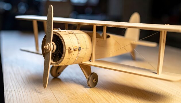 A Detailed Wooden Model Airplane Being Meticulously Assembled with Delicate Balsa Wood and Fine Glue