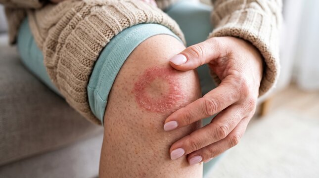 Close up of person hand touching red ringworm rash on human knee with infection dermatology irritation ringworm