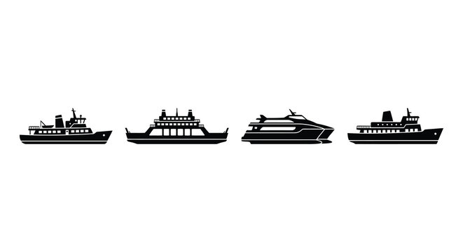 Four black ship silhouettes displayed in a row against a white background silhouette