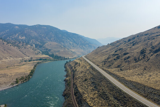 Scenic Thompson River Valley With Winding Road Along Mountains in British Columbia, Canada