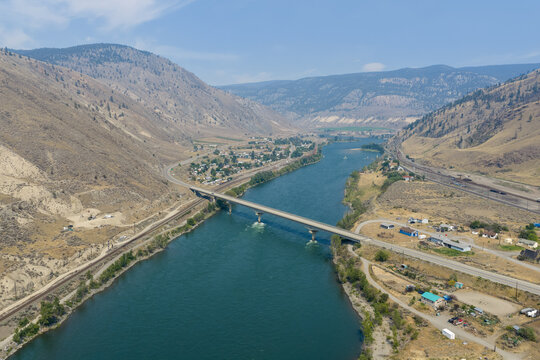 Aerial View of Thompson River Valley and Bridge at Spences Bridge, British Columbia, Canada