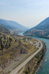 Fototapeta premium Aerial View of Thompson River Valley and Highway in Bighorn, British Columbia, Canada