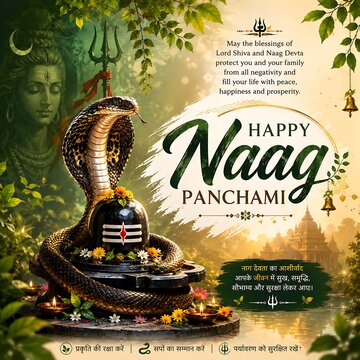 Happy naag panchami greeting with lord shiva lingam and cobra snake, panchami