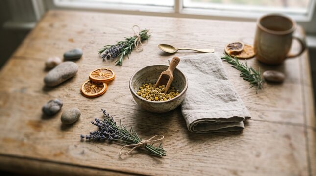 Relaxing wellness aromatherapy flat lay with dried lavender bunches, chamomile bowl, dried citrus slices, and ceramic mug on rustic wooden table