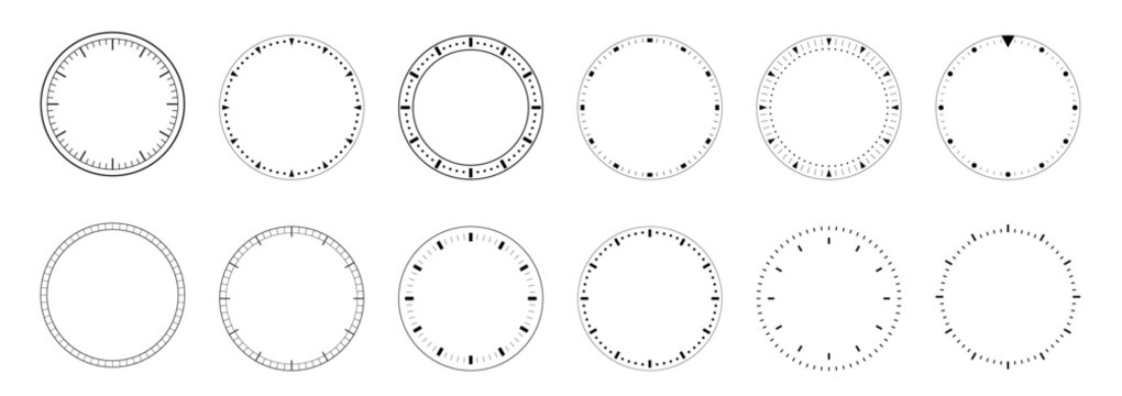 Clock face dials template set blank measuring circle scale isolated mechanical classic template clock set