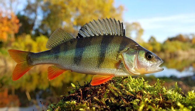 A vibrant fish with green and black stripes and orange fins perches on moss