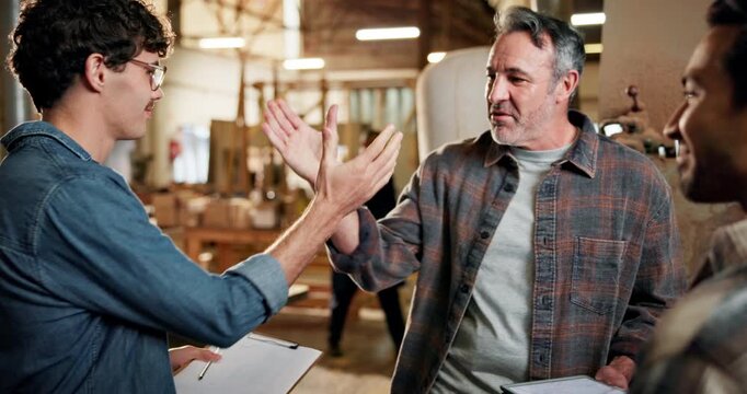 Men, handshake or carpenter team in workshop for apprentice support, planning or happy. Partnership, people or shaking hands in timber factory for cooperation, project development or intern feedback