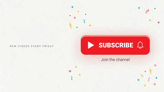 Red subscribe button with play icon and colorful confetti particles on a light