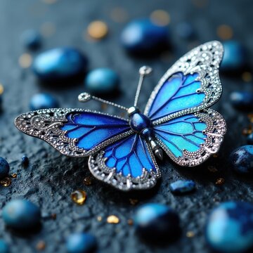 Detailed closeup of elegant blue butterfly jewel on dark surface with scattered blue beads, gold flecks. Intricate silver filigree on wings suggests luxury, delicate craftsmanship for fantasy jewelry