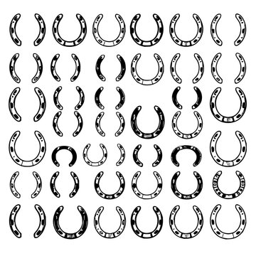 Collection of 24 distinct horseshoes arranged in a 6x4 grid, each with unique designs and patterns, set against a plain white background. The horseshoes are depicted in a black and white vector ill...