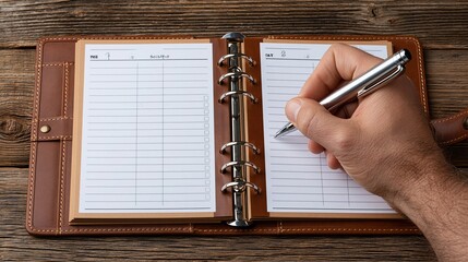 Obraz premium Hand Writing in Leather Bound Daily Planner or Journal on a Rustic Wooden Table