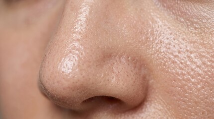 Fototapeta premium Detail of nose skin pores and blackheads reflecting light on oily face surface with blackheads skincare dermatology