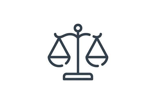 Justice scales icon with balanced pans during legal judgment concept in a minimalist graphic style