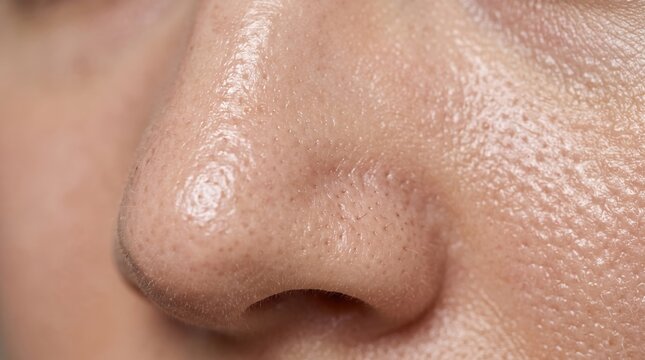 Detail of nose skin pores and blackheads reflecting light on oily face surface with blackheads skincare dermatology