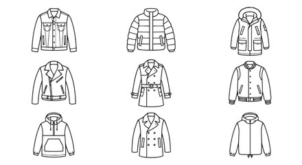 Collection of various men's winter and autumn outerwear jackets and coats in thin line style with clothing © MdAiyub