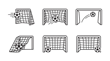 Set of soccer goal and ball action icons with football training exercise activity shooting competition © MdAiyub
