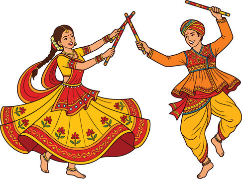 Couple performing dandiya raas colorful vector illustration on white background