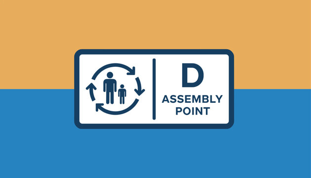 Emergency assembly point D sign with evacuation icons on a split orange and blue colored background.