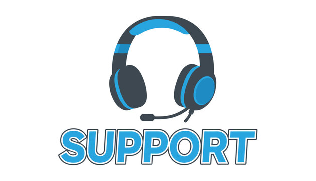 Customer service support logo displaying a blue and black headset above the bold word support in a blue outline.