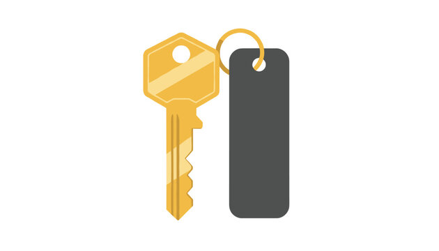 Shiny golden metallic key attached to a blank dark grey rectangular key tag shown on a clean white background.