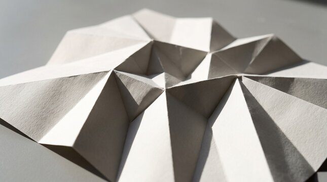 Abstract geometric folded paper sculpture showing intricate origami pattern and light shadows