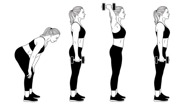 Woman performing dumbbell triceps extension exercise routine with progressive movement stages