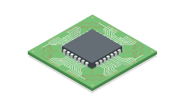 Isometric computer processor microchip showing circuit lines and connections on a green motherboard circuit.
