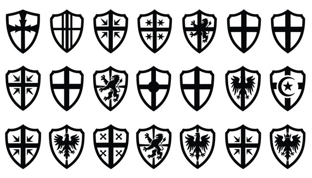 Collection of black and white medieval heraldry shield icons with traditional symbols of knights and kingdoms.