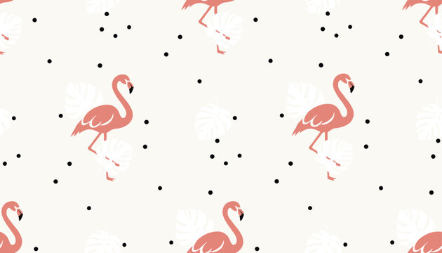 Elegant seamless pattern of pink flamingos, white tropical leaves, and black spots on a light background.