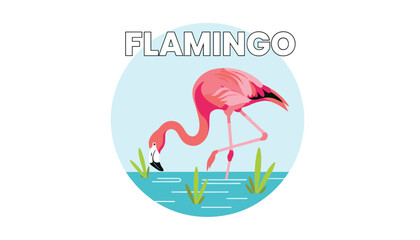 Obraz premium Beautiful pink flamingo standing on one leg in blue water surrounded by green reeds represents tropical fauna and animal logos.