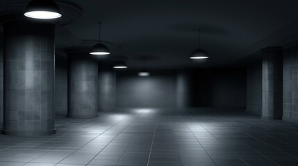 Obraz premium Dimly Lit Underground Hallway with Columns and Hanging Pendant Lights