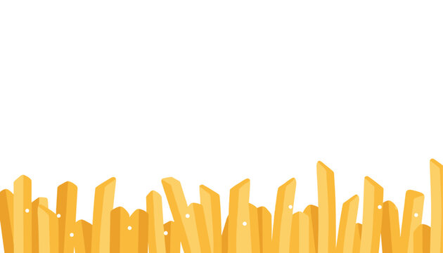 Row of golden yellow french fries with small salt grains along the bottom border of a clean white background.
