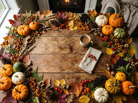 Autumn leaves and pumpkins on a wooden table. Fall decorations with berries and cup. Thanksgiving holiday setup